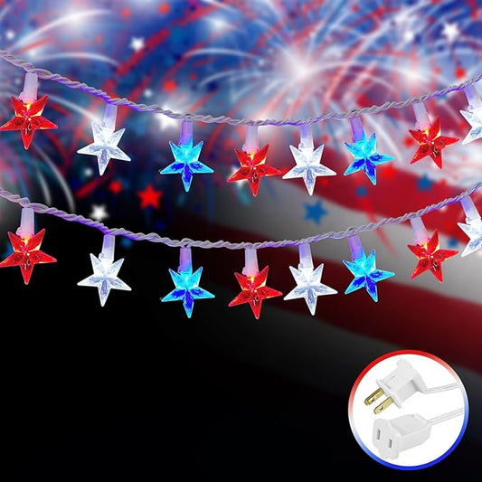 100 LED Red White and Blue Star Lights, 37FT 4th of July Star String Lights Plug in for Home Patio Garden Yard Memorial Day Independence Day Patriotic Decorations Outdoor, White Wire-VerdiqueGarden