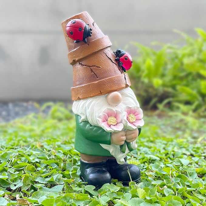 Garden Gnome Statues Outdoor Decor, Solar Gnomes with LED Lighted Flowers, Solar Resin Outdoor Statue Sculpture, for Woman Gift Home and Garden Decor-VerdiqueGarden