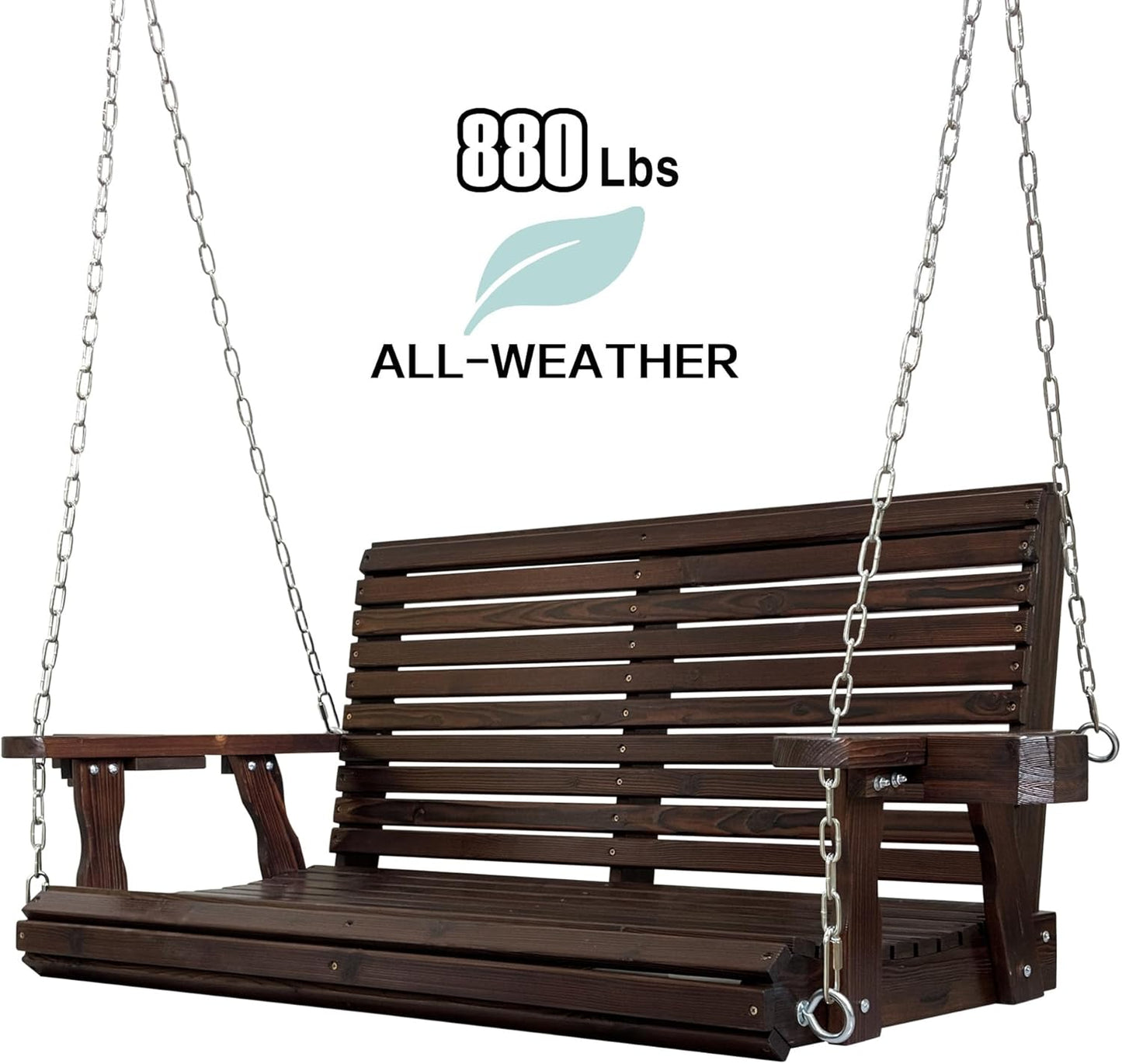 Wooden Porch Swing 2-Seater, High Backrest and Deep Seat, Bench Swing with Cupholders, Hanging Chains and 7mm Springs, Heavy Duty 880 LBS, for Outdoor Patio Garden (Deep Brown, 4.5 feet Extra-Large)-VerdiqueGarden