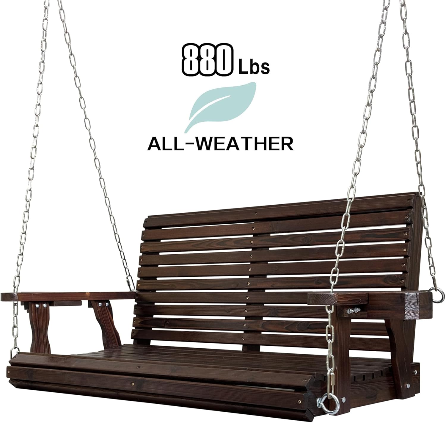 Wooden Porch Swing 2-Seater, High Backrest and Deep Seat, Bench Swing with Cupholders, Hanging Chains and 7mm Springs, Heavy Duty 880 LBS, for Outdoor Patio Garden (Deep Brown, 4.5 feet Extra-Large)-VerdiqueGarden