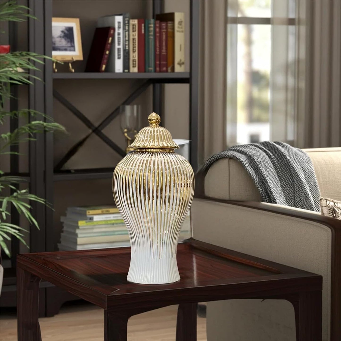 Ginger Jar, White Gold Ceramic Vase Large Handmade Porcelain Vases with Lid, White Gold Decorative Flower Vase for Home, Living Room, Weddings, Centerpieces (B-Large)-VerdiqueGarden