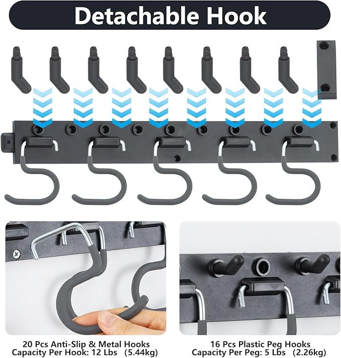 WellMade 64'' Adjustable Garden Tool Organizer, Garage Storage System with Hooks, Wall Mount Tool Organization Rack, Black-VerdiqueGarden