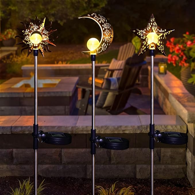 Tryme Solar Lights Outdoor Garden Decorations Sun Moon Star Stake Light Decorative Waterproof Warm White LED Yard Decor for Pathway Lawn Patio Courtyard Backyard-VerdiqueGarden