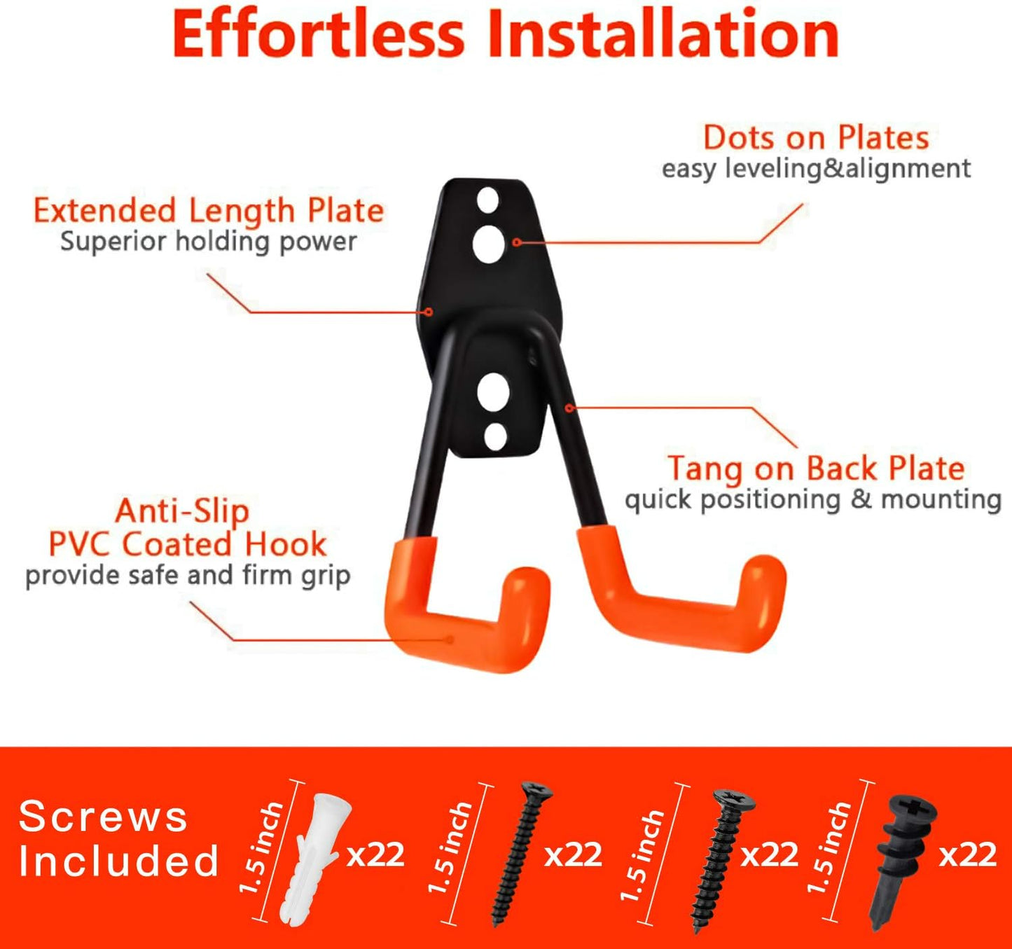 Garage Hooks, 12 Pack Wall Storage Hanger with 2 Extension Cord Straps, Heavy Duty Tool Holder for Utilities Organization, Wall Mount Rack for Garden Lawn Tools, Ladders, Bike, Ski (Orange)-VerdiqueGarden