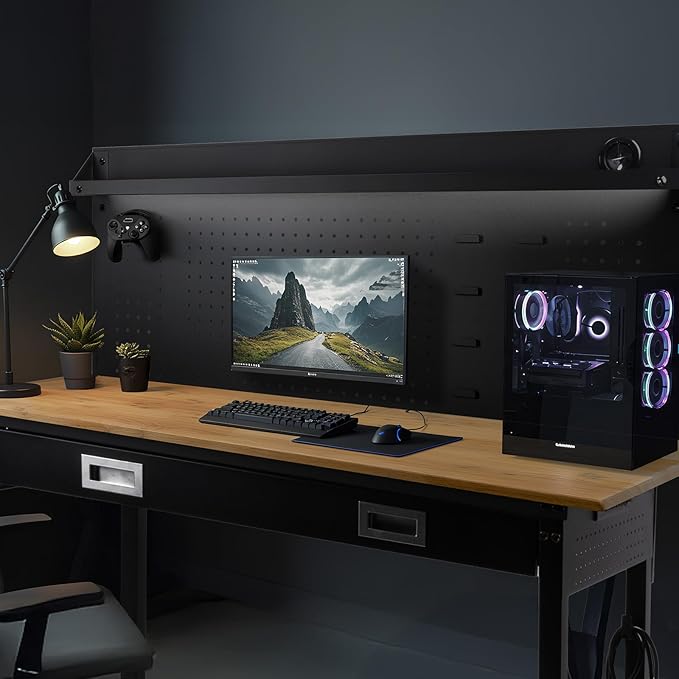 60" Workbench with Drawers, Work Benches for Garage with Strip Light, Adjustable Work Table with Large Pegboard, 2000 LBS Heavy Duty Table with Power Outlet Rubber Wood for Garage, Office-VerdiqueGarden