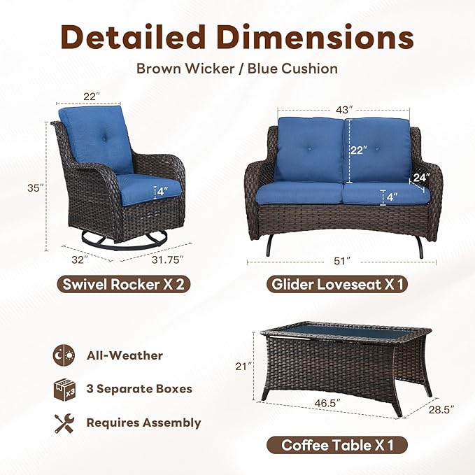 4 Piece Patio Furniture Set - Outdoor Glider Bench with Swivel Rocker Chairs and Coffee Table, High Back Small Outdoor Conversation Furniture Sets for Deck Sunroom Balcony Backyard-VerdiqueGarden