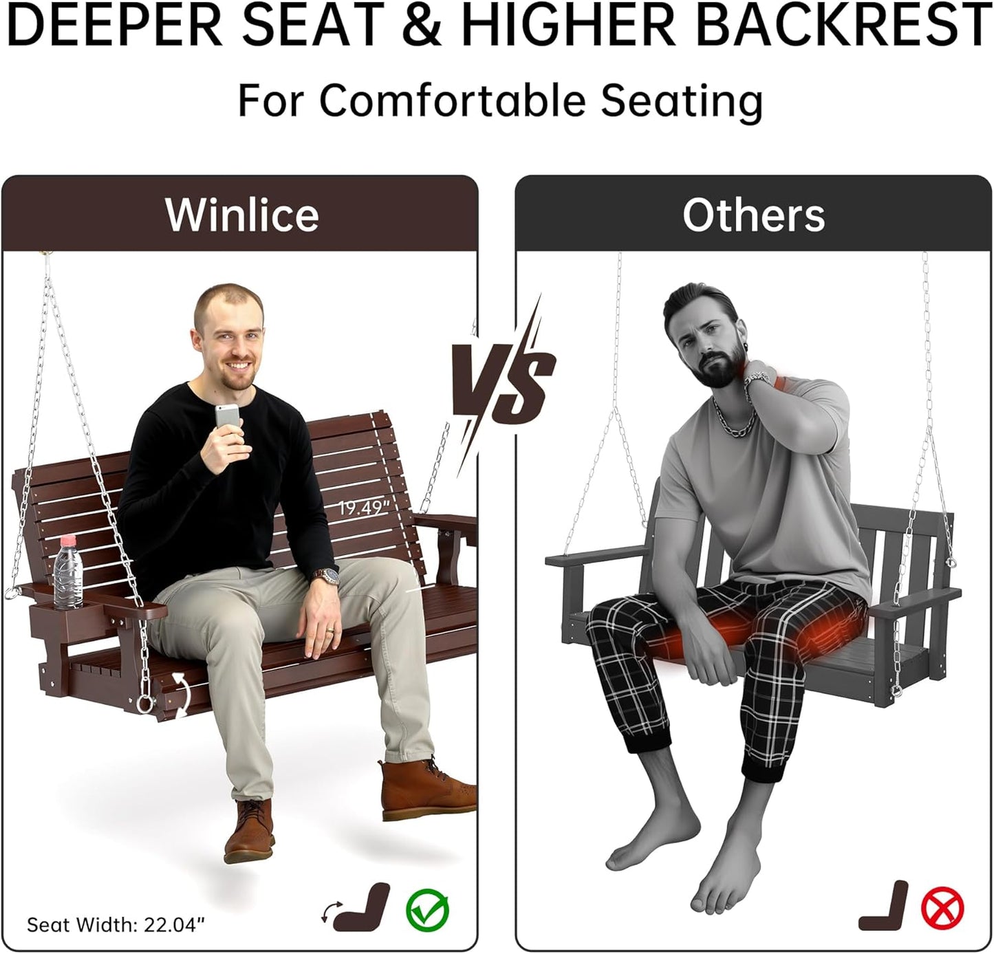 Wooden Outdoor Porch Swings, 2 Seater Front Porch Swing with Upgraded 22" Deep Seat, Heavy Duty 880 Lbs Swing Bench Chair for for Patio, Backyard, Garden (Brown, 4 FT)-VerdiqueGarden