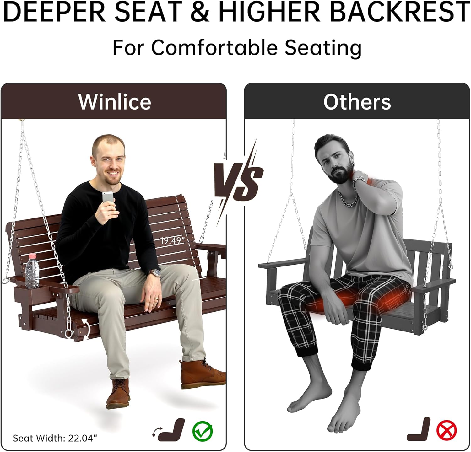 Wooden Outdoor Porch Swings, 2 Seater Front Porch Swing with Upgraded 22" Deep Seat, Heavy Duty 880 Lbs Swing Bench Chair for for Patio, Backyard, Garden (Brown, 4 FT)-VerdiqueGarden