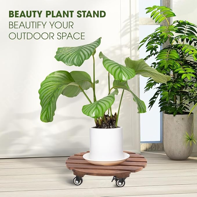 Idzo 2-Pack 14 Inch Acacia Wood Plant Caddy with Wheels – Heavy-Duty Plant Dolly with 264 Lbs Capacity, 360° Lockable Wheels for Large Plant Pots, Heavy Objects, Ideal for Indoor and Outdoor Use-VerdiqueGarden