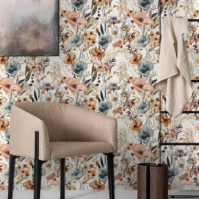 Boho Light Brown Flowers Teal Blue Floral Leaf Plants Vintage Watercolor Peel and Stick Wallpaper Self Adhesive Removable Easy Peel Off Stick on Wall Paper for Bedroom Cabinet Renter-VerdiqueGarden