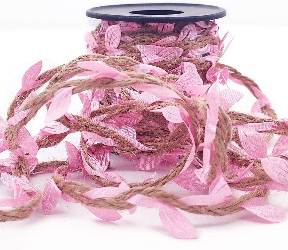 Burlap Leaf Ribbon 2 Rolls 66 Feet 5mm Jute Burlap Twine Vine with Artificial Leaves for Crafts Jungle Garland Party Wedding Garden Home Decoration Pink-VerdiqueGarden