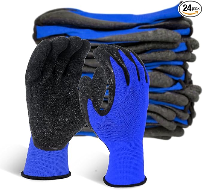 Evridwear Crinkle Latex Rubber Hand Coated Safety Work Gloves for Men Women General Multi Use Construction Warehouse Gardening Assembly Landscaping (Large,Blue- 12Pair)-VerdiqueGarden