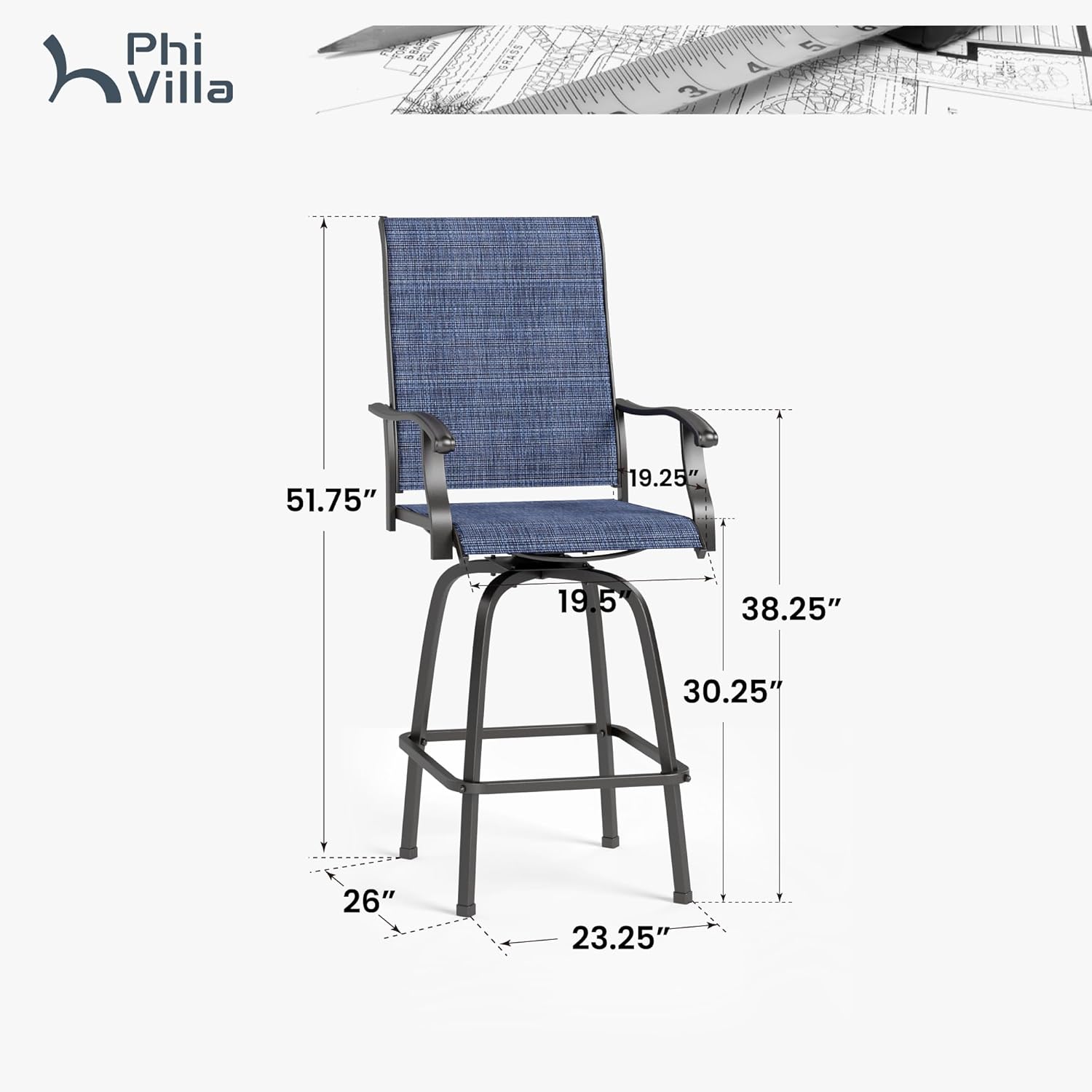 PHI VILLA Outdoor Swivel Bar Stools Set of 6, Bar Height Patio Chairs Furniture with All Weather Textilene Fabric, 30" High Top Bar Chairs for Porch, Blue-VerdiqueGarden