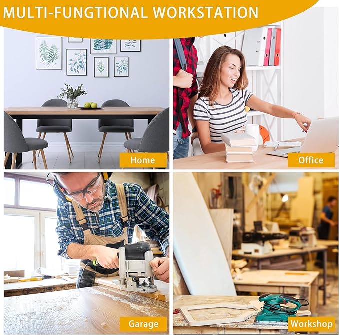 70" Adjustable Height Workbench, 2000 LBS Heavy Duty Work Table with Power Outlets & Pegboard, Rubber Wood Workstation for Garage, Workshop, Office, Home, Commercial-VerdiqueGarden