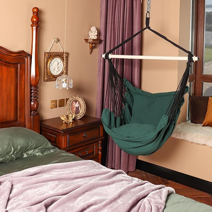 Highwild Hammock Chair Hanging Rope Swing - Max 500 Lbs - 2 Cushions Included - Steel Spreader Bar with Anti-Slip Rings - for Any Indoor or Outdoor Spaces (Green)-VerdiqueGarden