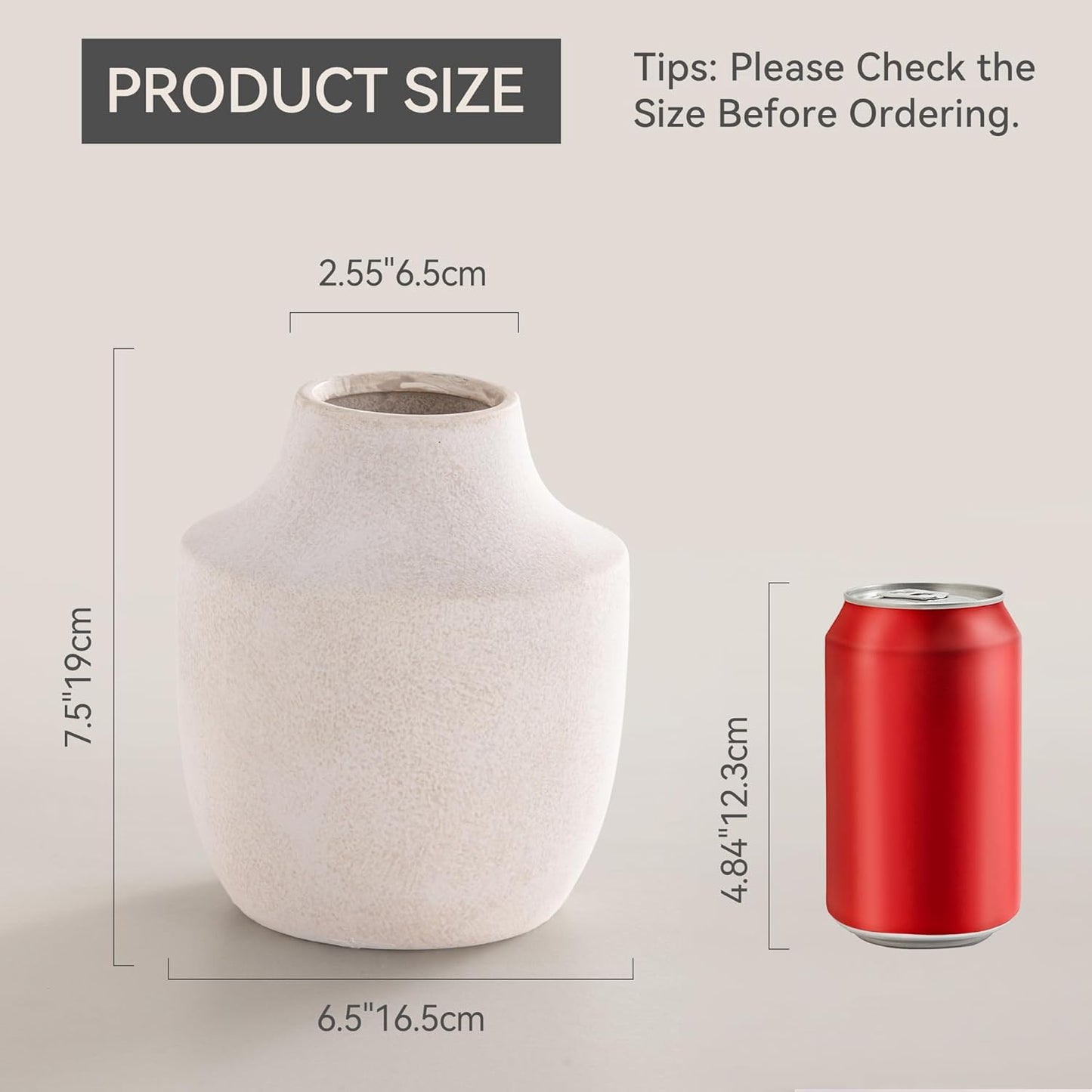 Mitt&Ditt Ceramic Flower Vase, 7.5 inch Off-White Farmhouse Rustic Vase, Handcrafted Weathered Pottery Vases, Small Flower Terracotta Vases for Home Decor, Living Room, Table, Shelf-VerdiqueGarden