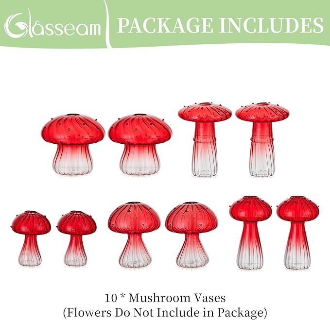 Glasseam Mushroom Plant Propagation Stations: Red Glass Terrarium Jar Set of 10 Cute Planters for Indoor Plants Mini Propagate Station Unique Christmas Birthday Gifts for Women Home Office Decor-VerdiqueGarden