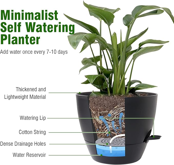 10/9/8 inch Medium Self Watering Pots, Plant Pots with Mesh Drainage Holes for Indoor Outdoor Garden Plants, Flower Pots with Removable Deep Reservoir, Set of 3 Plastic Planters, Black-VerdiqueGarden