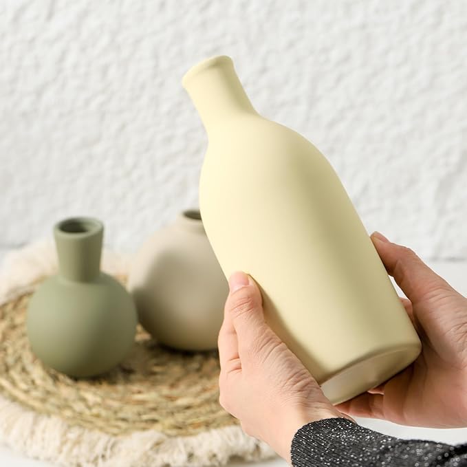 Vase Set of 3, Ceramic Vases Home Decor Flower Decorative Table Decor Vase Pottery Neutral Vases for Tray Table Mantel Living Room Kitchen Bedroom Bathroom Entryway -Light Color-VerdiqueGarden