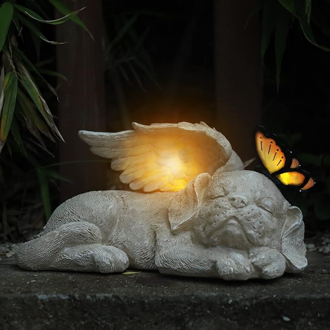 WONDER GARDEN Sleeping Dog Angel Statue with Solar Light - Pet Memorial Stone, in Memory of Dog, Marker Tribute Statues, Resin Guardian Angels, Bereavement Gift-VerdiqueGarden