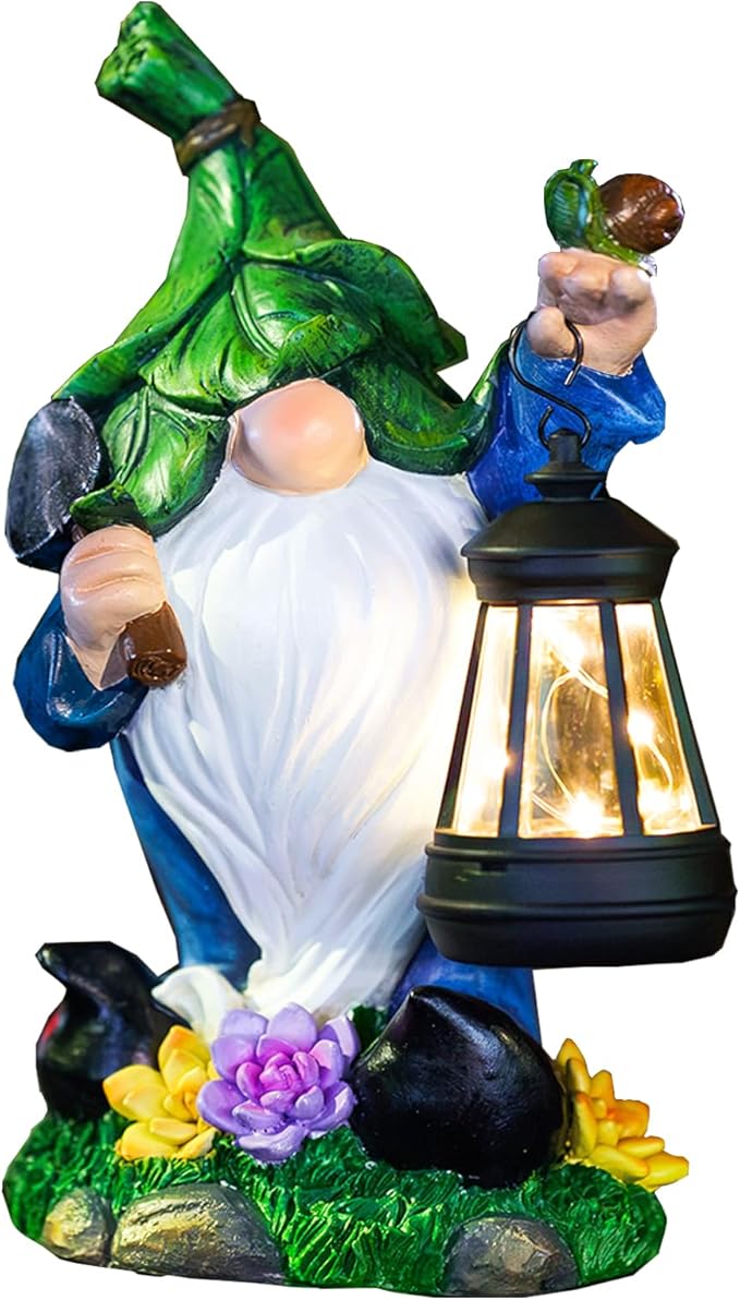 Garden Gnome Solar Figurine Lights - Solar Powered Lighting Outdoor Decorations with Lantern & Shovel, Yard Art Lawn Ornaments for Porch Patio Balcony - Gnome Gifts for Women Mom-VerdiqueGarden
