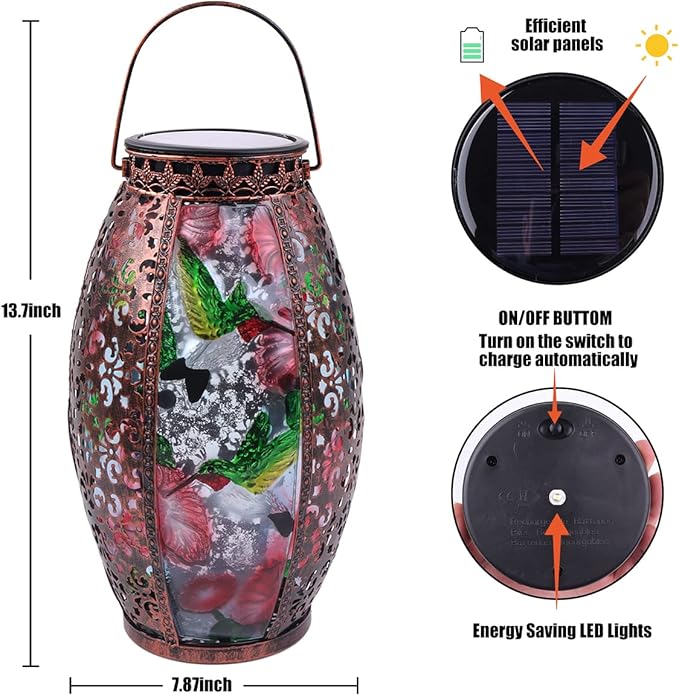Solar Lanterns Outdoor Light - Solar Powered LED Hummingbird Glass Lights Decorative Waterproof Tabletop Lamp with Hollowed-Out Design for Indoor Yard Table Patio Garden Pathway Holiday-VerdiqueGarden