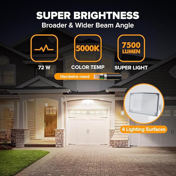 LUTEC 2 Pack 72W 7500LM LED Security Lights Motion Sensor Light Outdoor, 5000K Daylight, IP65 Waterproof, Dusk to Dawn, 3-Head Motion Detected Flood Light for Garage, Yard, Porch(White)-VerdiqueGarden