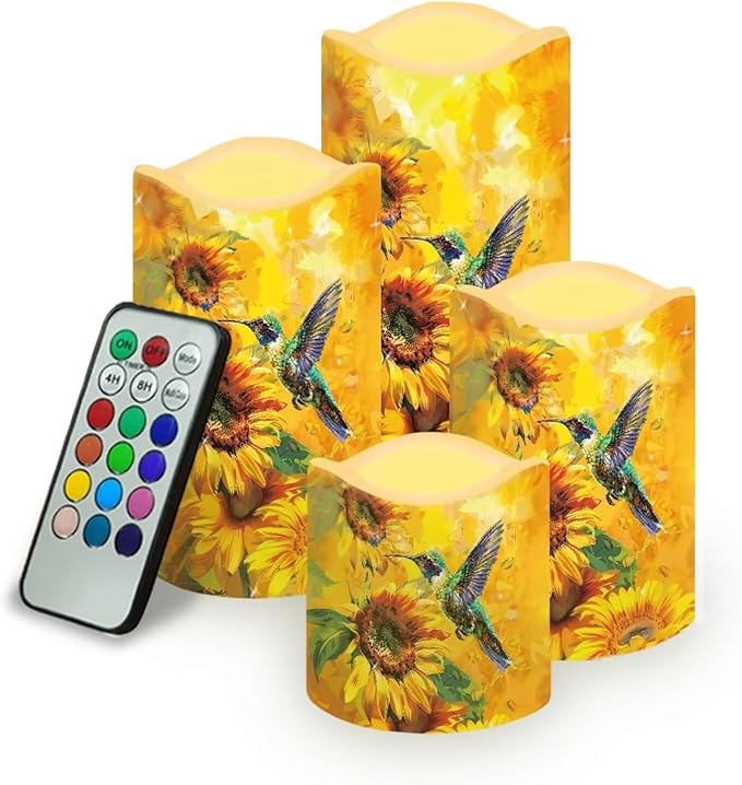 Ystardream Flameless Candle Valentine Candles Hummingbird Unity Candles for Wedding Ceremony Set with Remote and Timer Battery Operated Realistic LED Window Candles Dinner Wedding Sunflower Print-VerdiqueGarden