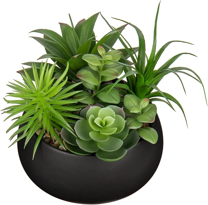 Fake Plants Artificial Succulents in Pots Faux Succulent Arrangement Potted Plant in Black Ceramic Planter Bowl for Home Decor Office Desk Bathroom Shelf Living Room Indoor Decorations-VerdiqueGarden