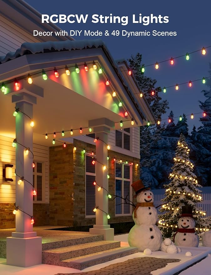XMCOSY+ 48FT Smart Outdoor String Lights - RGBCWIC Dimmable Acrylic Bulbs, Color Changing LED Patio Lights APP WiFi Control, Compatible with Alexa, IP65 Waterproof Outside Lights for Yard Porch-VerdiqueGarden