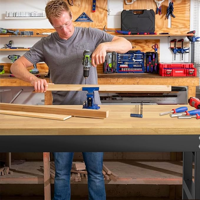 60" Adjustable Workbench,Heavy-Duty Work Table,3000 LBS Load Capacity Hardwood Workstation Outlets with Power Strips, Drawers and Wheels,for Workshop, Garage-VerdiqueGarden