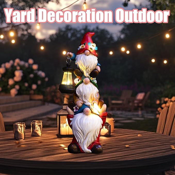 Garden Gnome Statue with Solar Lights Large Garden Sculptures Funny Triple Gnome Outdoor Patio Lawn Yard Balcony Garden Home Decor Gifts for Women Mom 12 in Spring Summer Gnomes Outdoor-VerdiqueGarden