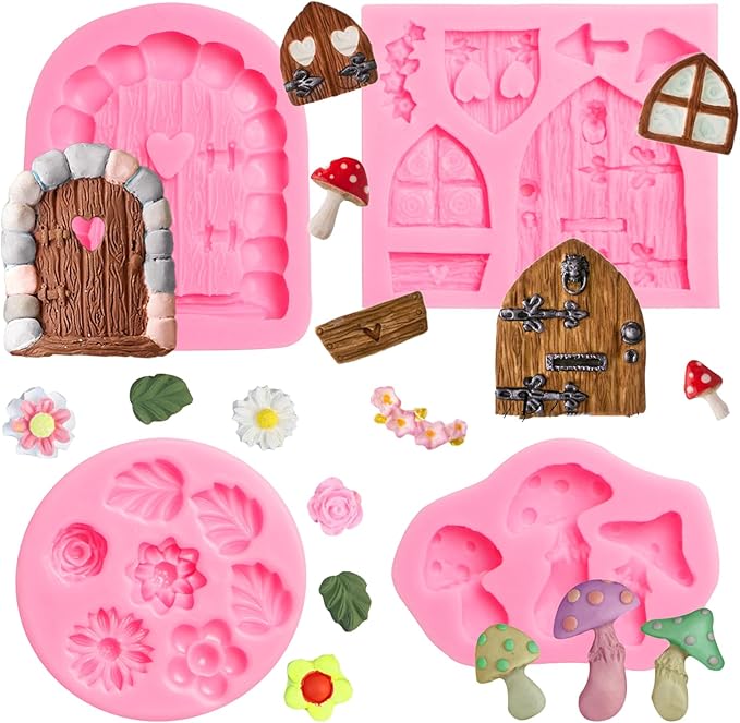Fairy Garden Door Silicone Molds, Enchanted Vintage Gnome Home Window Door Fondant Molds, Mushroom Flower Leaf Chocolate Baking Molds for Cake Decoration Cupcake Topper Candy Clay Resin-VerdiqueGarden