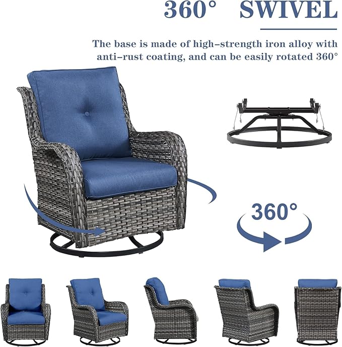 Wicker Patio Furniture Sets - 8 Piece Rattan Outdoor Furniture Conversation Sets with 4 Swivel Rocker Chairs, Rattan Sofa, Wicker Ottomans and Coffee Table, Mixed Grey/Blue-VerdiqueGarden