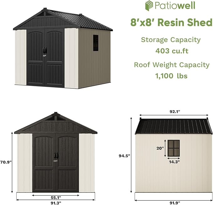 Patiowell 8 x 8 FT Plastic Outdoor Storage Shed with Floor, Resin Shed with Window and Lockable Door for Garden, Backyard, Tool Storage Use, Easy to Install in Beige (Kick-it Shed)-VerdiqueGarden