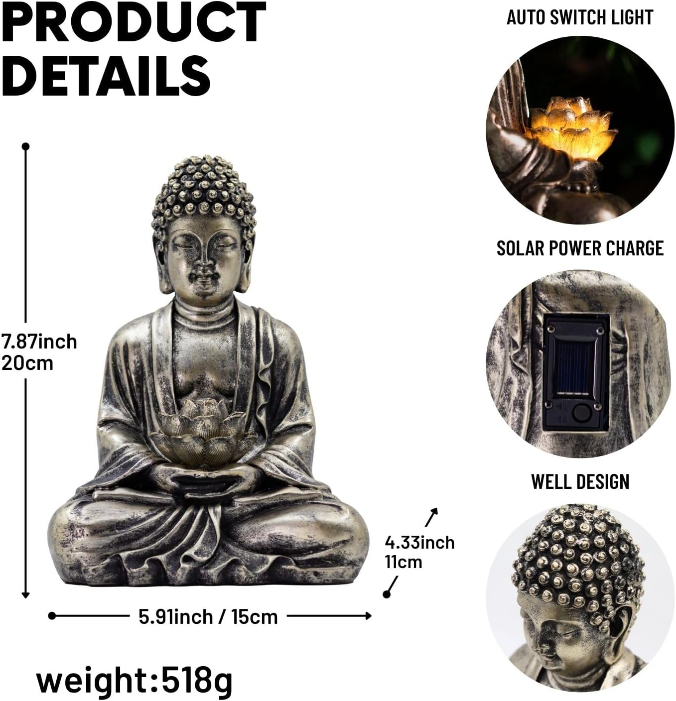 Buddha Lotus Statue with Solar Lights, Resin LED Figurine for Garden Decor – Unique Gift for Women and Friends(Copper Buddha)-VerdiqueGarden