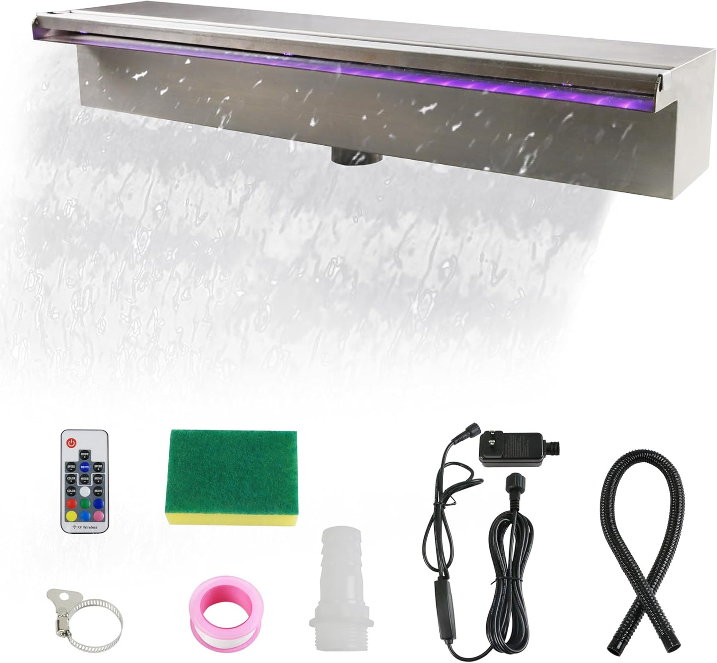 19.6 Inch Pool Waterfall Spillway, Stainless Steel Pond Waterfalls with Multi Color-LED Light Outdoor Pool Fountain, Water Flow Fountains Kit for Garden Patio & Rockery Decoration-VerdiqueGarden