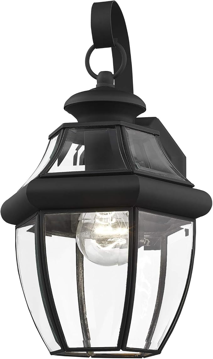 Livex Lighting 2151-04 Monterey 1 Light Outdoor Black Finish Solid Brass Wall Lantern with Clear Beveled Glass, 13" x 8.5" x 8.25"-VerdiqueGarden