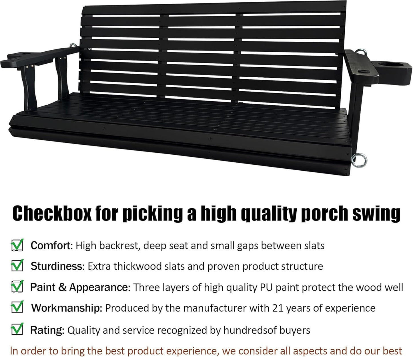Wooden Porch Swing 3-Seater, High Backrest and Deep Seat, Bench Swing with Cupholders, Hanging Chains and 7mm Springs, Heavy Duty 880 LBS, for Outdoor Patio Garden (Carbon Black, 5 FT Extra Large)-VerdiqueGarden