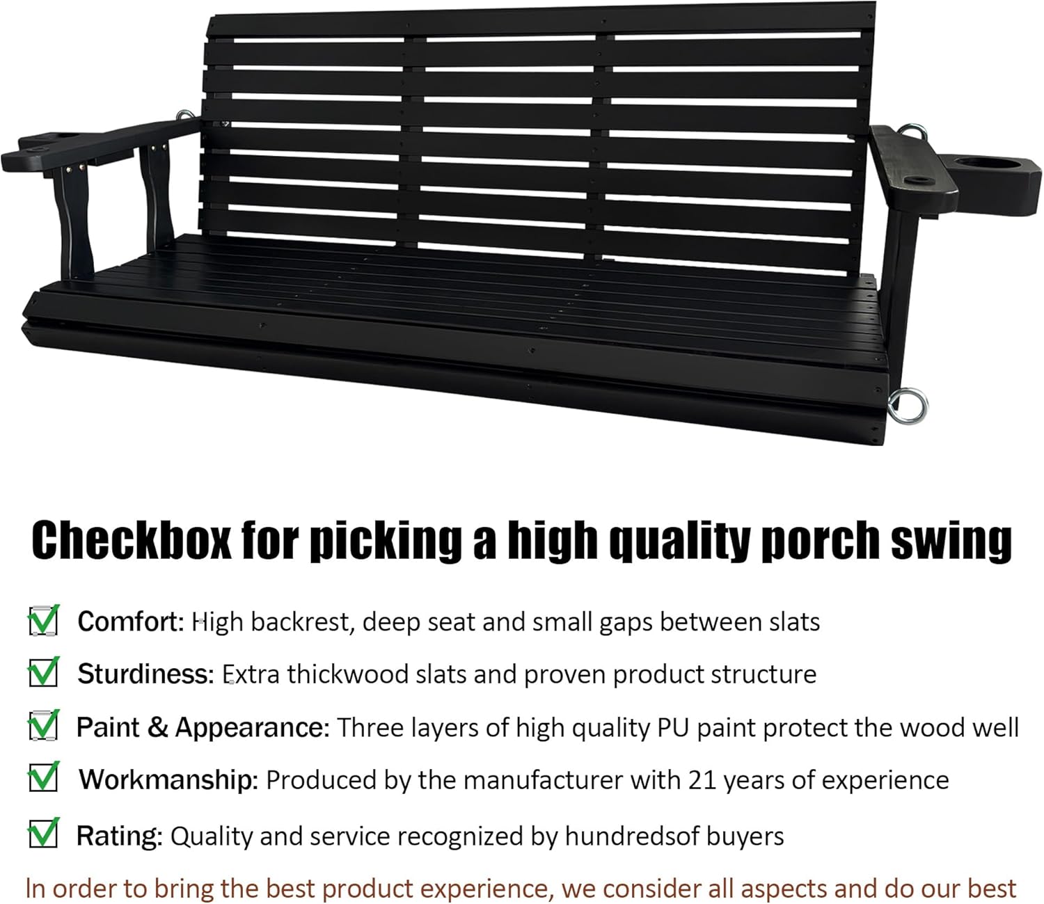 Wooden Porch Swing 3-Seater, High Backrest and Deep Seat, Bench Swing with Cupholders, Hanging Chains and 7mm Springs, Heavy Duty 880 LBS, for Outdoor Patio Garden (Carbon Black, 5 FT Extra Large)-VerdiqueGarden