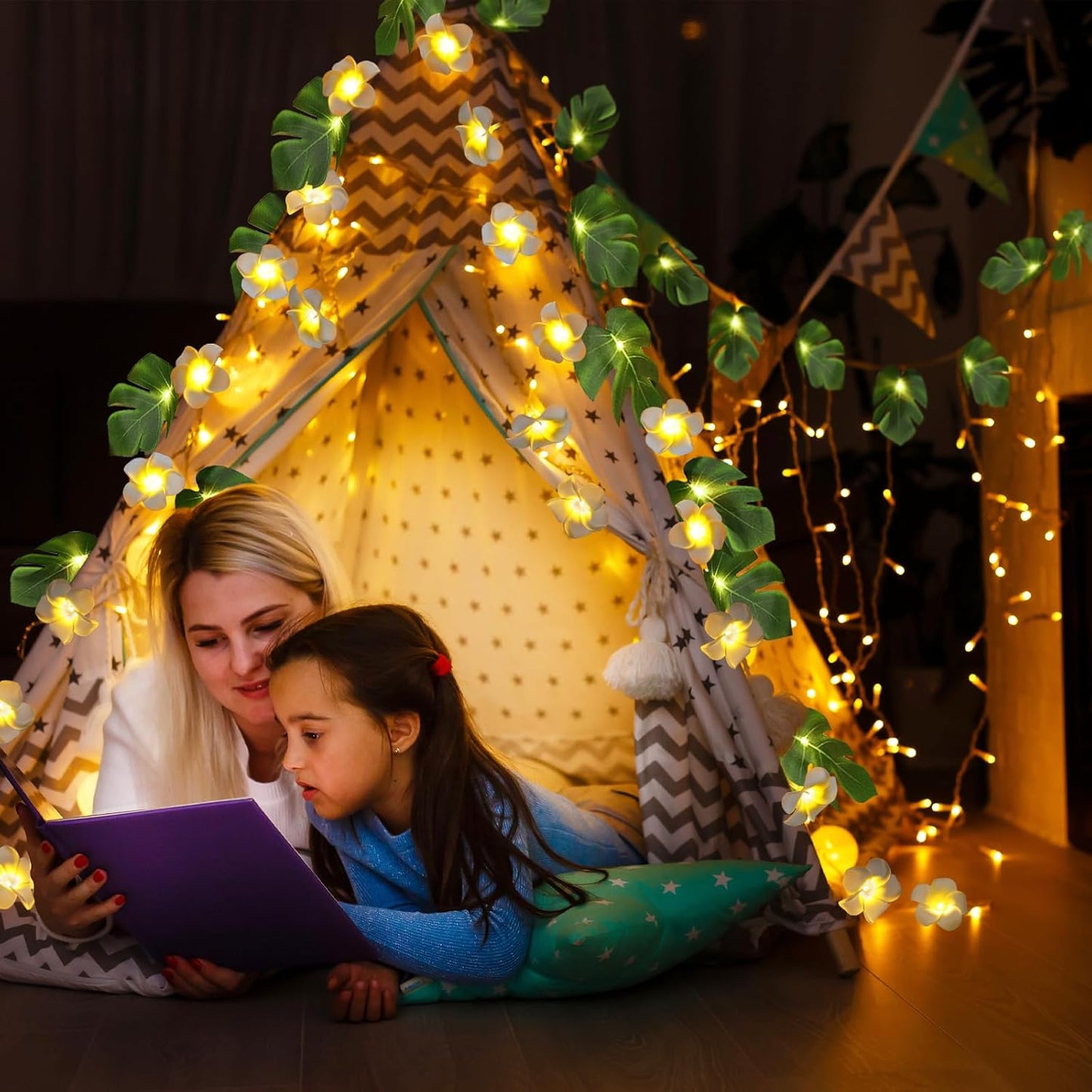 RECUTMS Monstera Leaf String Lights Artificial Foam Plumeria Tropical Palm Leaves Flower 40 LED Battery Operated Fairy Light Hawaiian Luau Beach Party Summer Decorations Outdoor Indoor(White+Green)-VerdiqueGarden