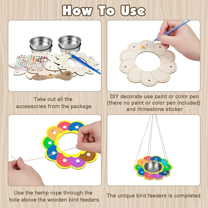 Fennoral 4 Pack Bird Feeder Kits for Kids Make Your Own Bird Feeders Wooden Arts and Crafts for Kids Ornaments DIY to Paint Bird Feeders Craft for Spring Winter Garden Outdoor Activities Project-VerdiqueGarden