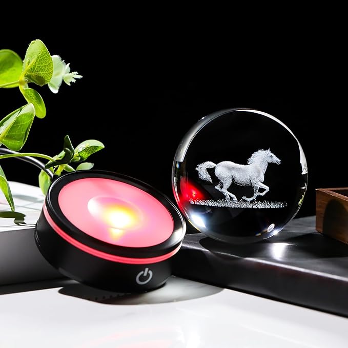 YWHL 3D Crystal Ball Horse Figurine with LED Base, Horse Gifts for Men Women Horse Lovers on Christmas Birthday, Horse Statue Glass Sphere Animal Decorative Ball for Home Decor (80mm)-VerdiqueGarden