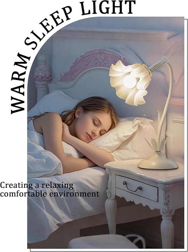 Flower Table Lamp,LED Reading Light Bedside Vintage Flower Night Light,3 Colors Modes Kawaii Bedside Lamps Decor,Living Room Bedroom Room Lighting Table Lamps Home Decoration (White)-VerdiqueGarden