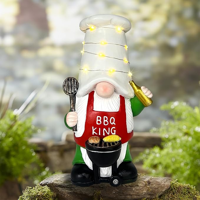 BAYN Garden Gnome Statues Outdoor Decor, Solar Powered Outdoor Gnome with BBQ Grill Decorative Yard Garden Lights Art Gifts with 11 Warm White LEDs-VerdiqueGarden