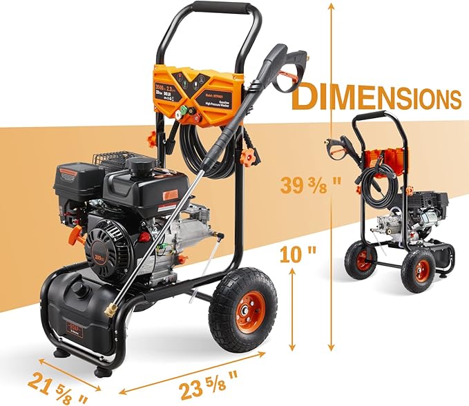 3500 PSI Gas Pressure Washer, 2.3 GPM Power Washer with 209CC Engine, Maintenance-Free Axial Cam Pump, 25FT Hose, 4 Nozzles for Driveways, Walls, Vehicles, Patio (Orange)-VerdiqueGarden