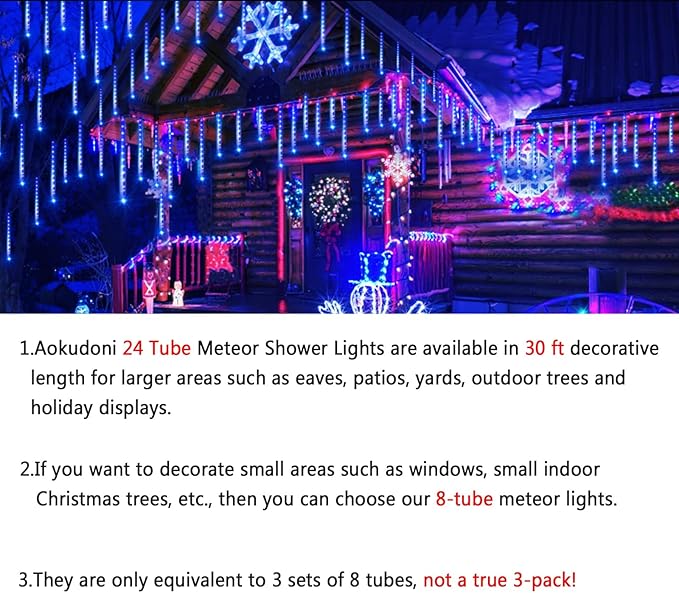 Outdoor Christmas Decorations, 24 Tubes(Equivalent to 3 Sets of 12Inch 8-Tubes) Meteor Shower Lights Snow Falling Icicle Christmas Lights Outdoor for House Tree Halloween Garden Decor, UL Plug, Blue-VerdiqueGarden