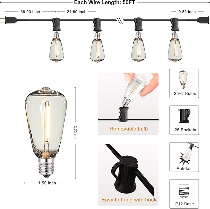 DAMAING Outdoor String Lights 50 FT Waterproof Patio Light String Lights with 27 ST38 Vintage Shatterproof LED Edison Bulbs,Retro Connectable Bistro Lights for Backyard Gazebo Balcony.-VerdiqueGarden