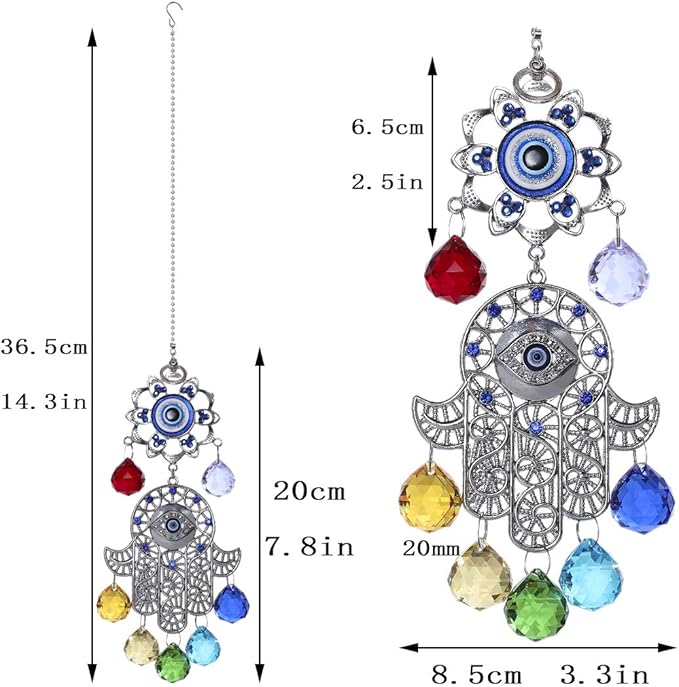 Hamsa Hand with Blue Evil Eye Protection Hanging Crystal Ornament with Chakra Energy Crystal Balls-VerdiqueGarden