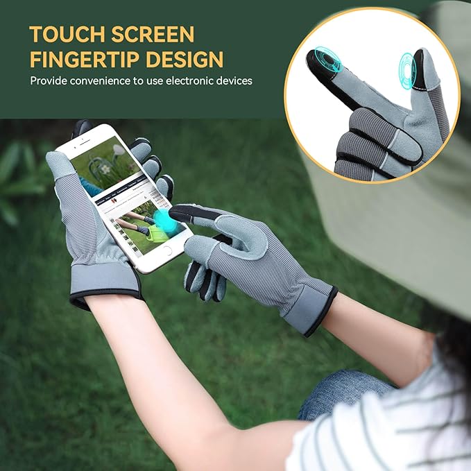 OZERO Women Leather Work Gloves: Touch Screen | Deerskin Garden Gloves with Grip | Ideal for Yard Work, Daily Tasks, Driving-VerdiqueGarden